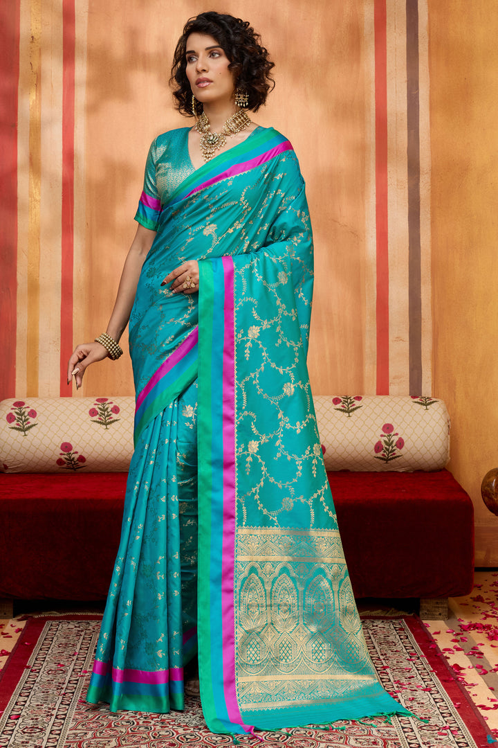 Weaving Work Attractive Satin Silk Saree In Teal Color