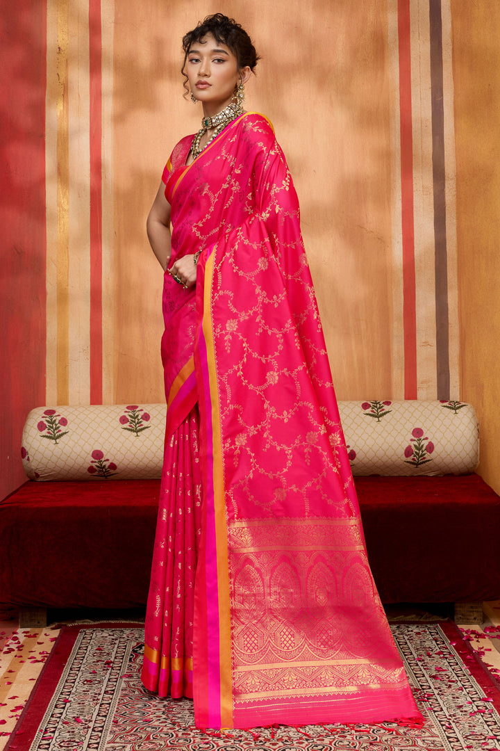 Weaving Work Soothing Satin Silk Saree In Pink Color