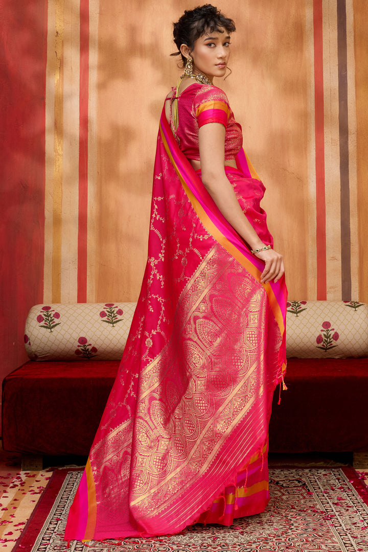 Weaving Work Soothing Satin Silk Saree In Pink Color
