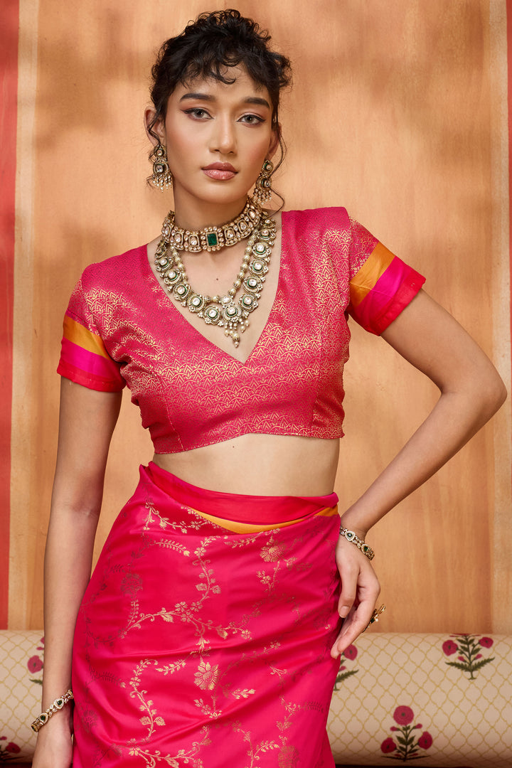 Weaving Work Soothing Satin Silk Saree In Pink Color