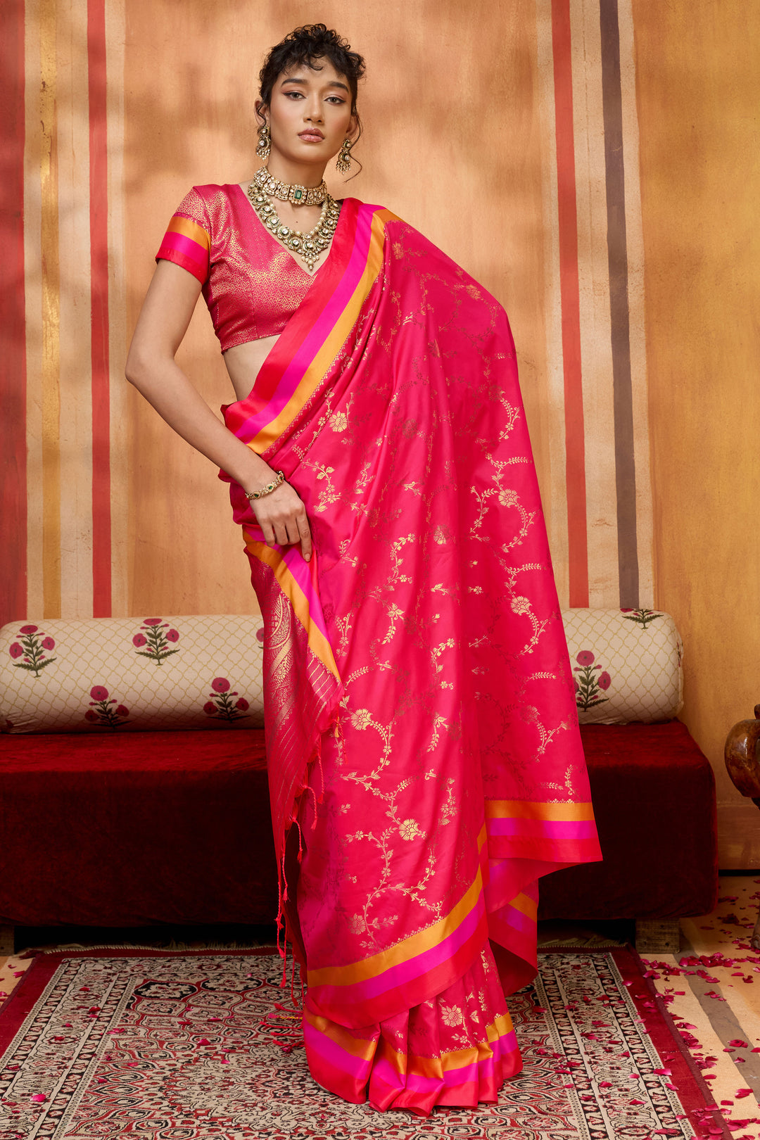 Weaving Work Soothing Satin Silk Saree In Pink Color