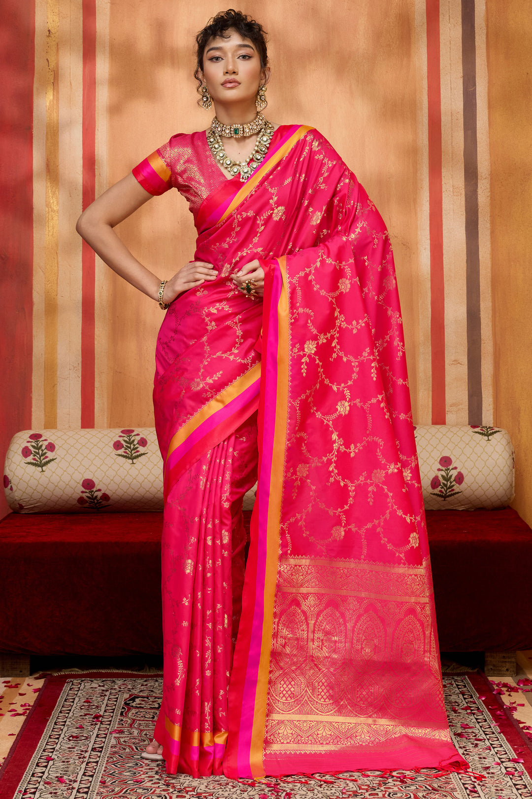 Weaving Work Soothing Satin Silk Saree In Pink Color