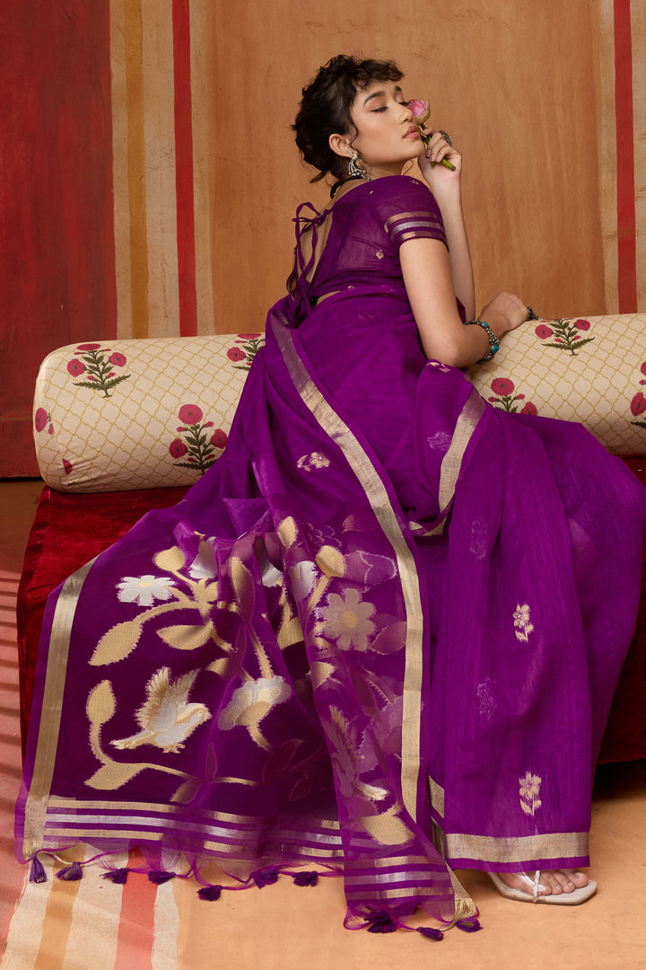 Purple Color Glamorous Look Silk Handloom Weaving Saree