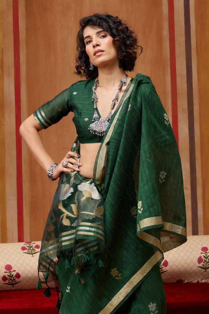 Green Color Gorgeous Look Silk Handloom Weaving Saree