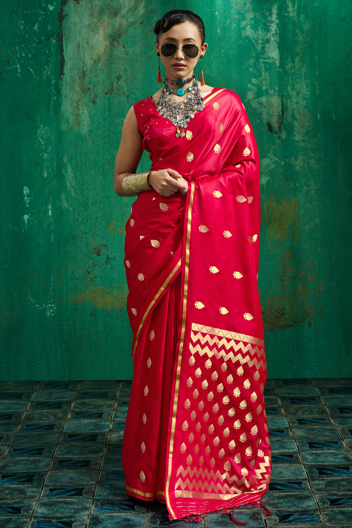 Handloom Weaving Pink Satin Saree