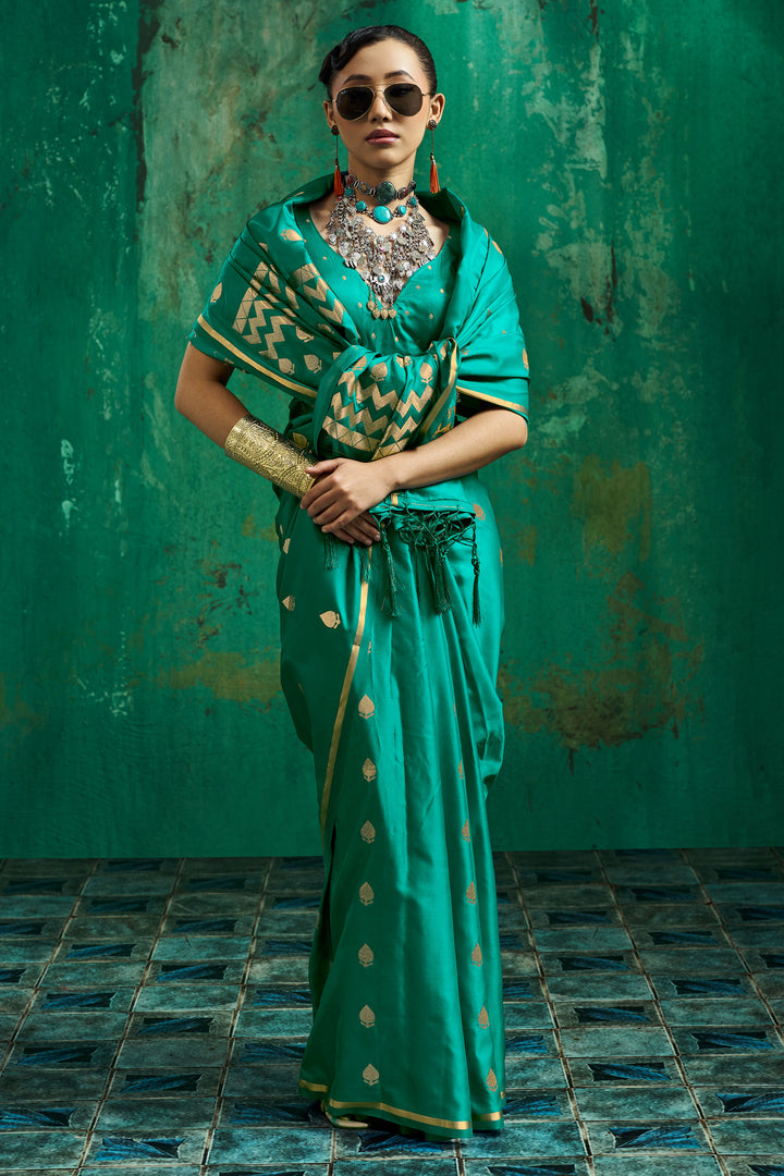 Satin Fabric Handloom Weaving Saree In Green Color