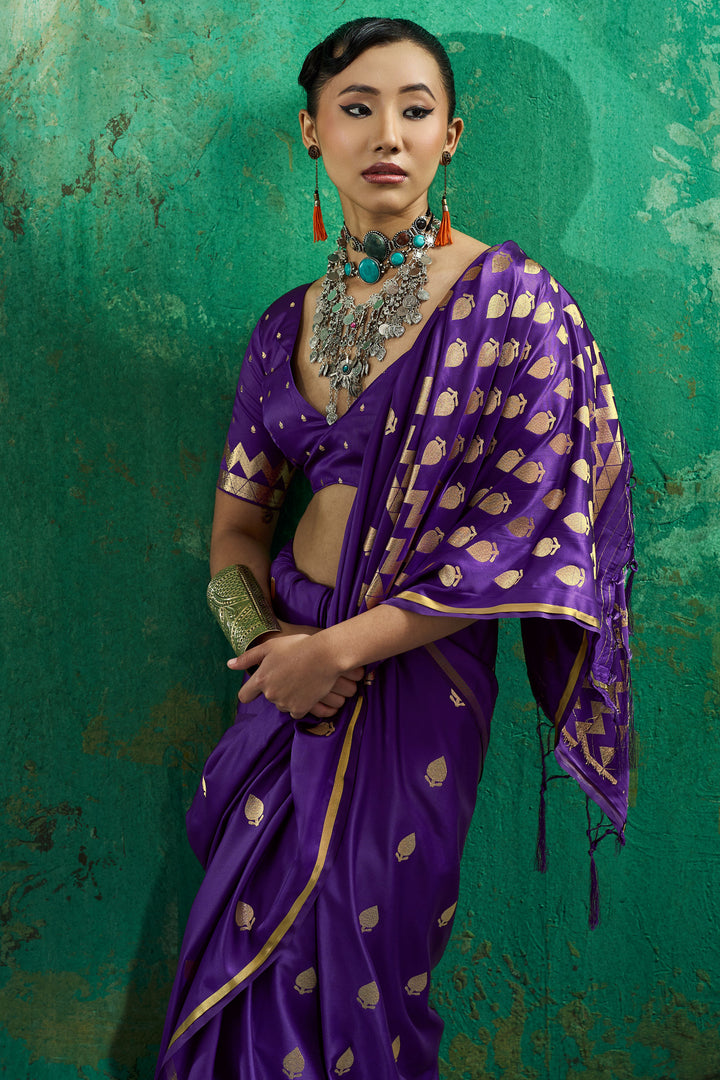 Purple Satin Handloom Weaving Function Wear Saree