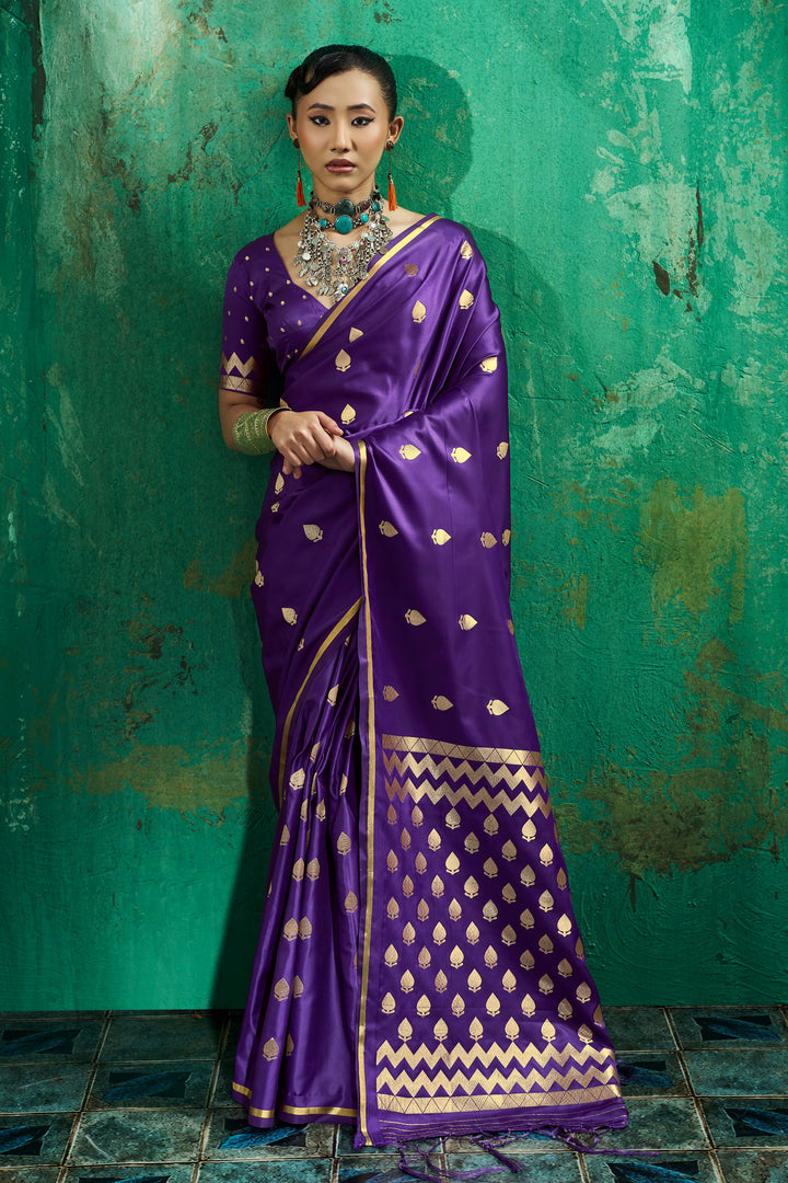 Purple Satin Handloom Weaving Function Wear Saree