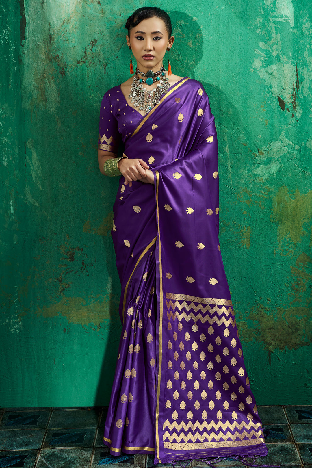 Purple Satin Handloom Weaving Function Wear Saree