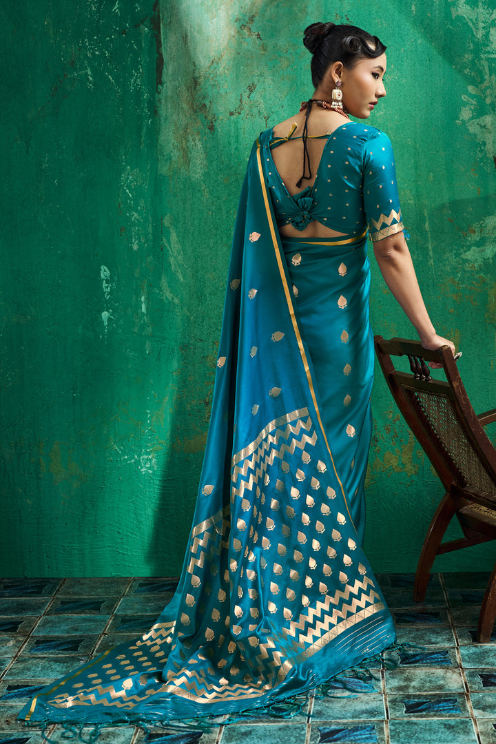 Function Wear Handloom Weaving Satin Saree In Teal Color