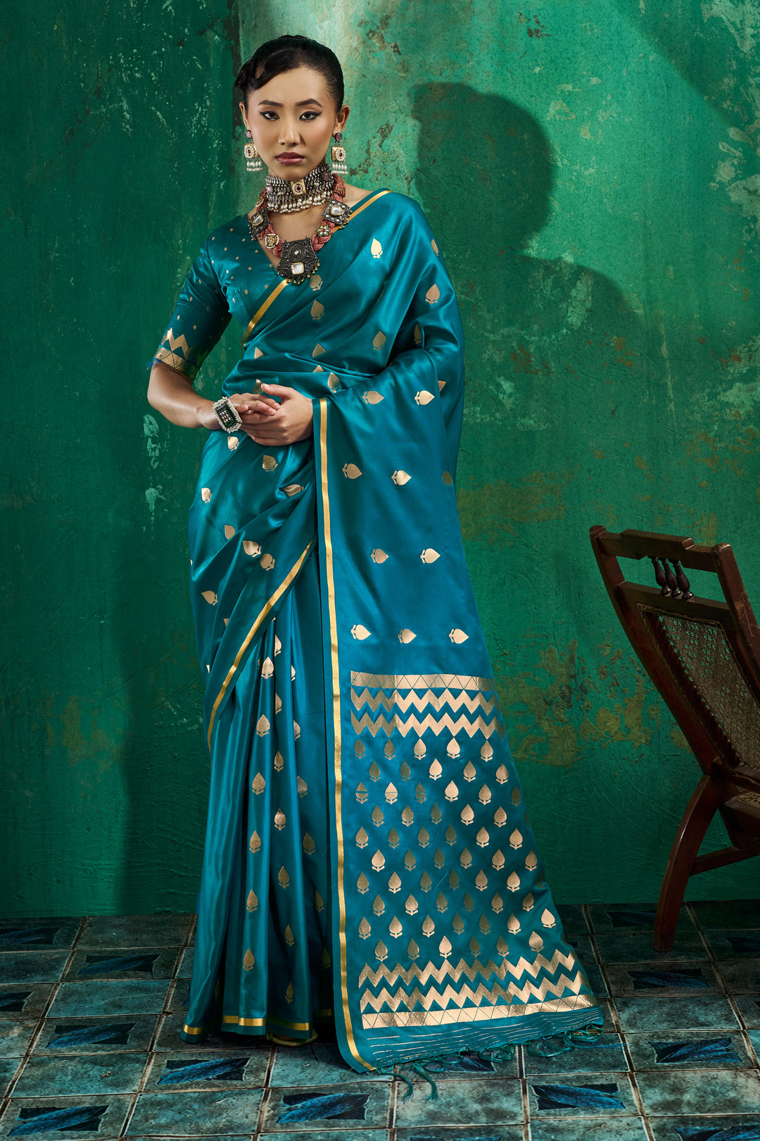 Function Wear Handloom Weaving Satin Saree In Teal Color