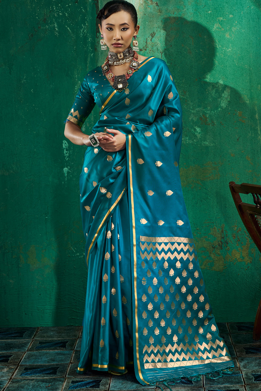 Function Wear Handloom Weaving Satin Saree In Teal Color