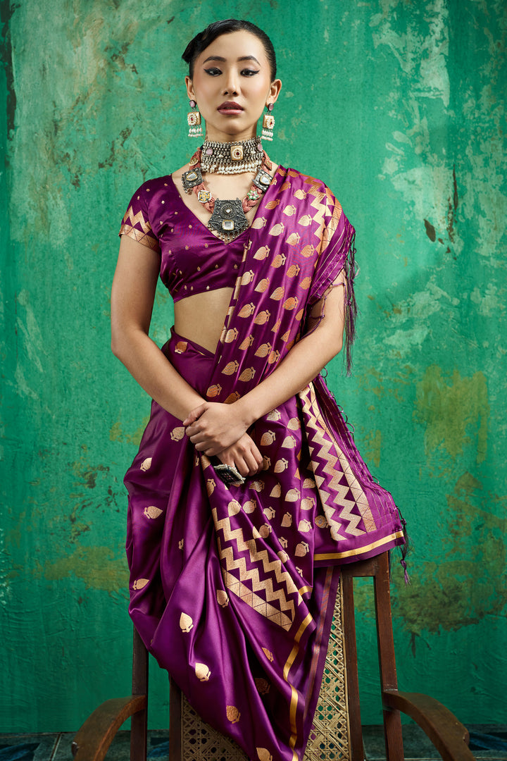 Purple Handloom Weaving Function Wear Satin Saree