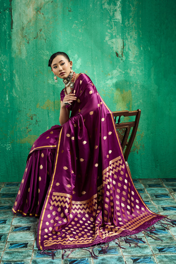 Purple Handloom Weaving Function Wear Satin Saree