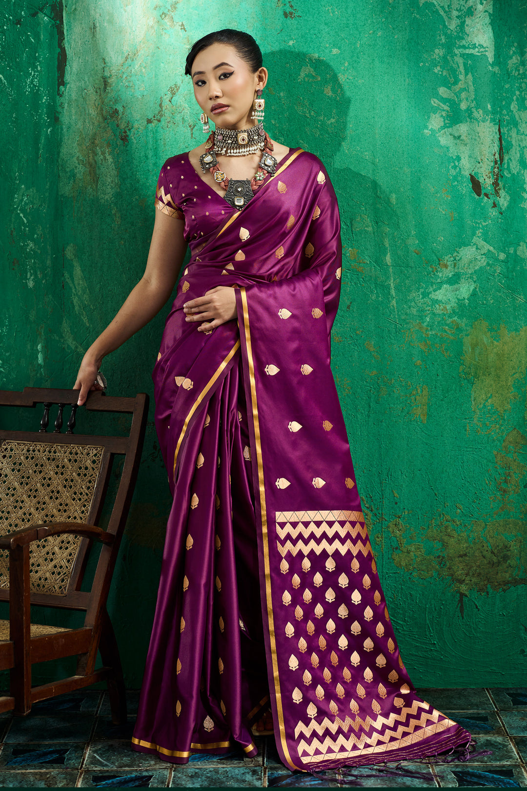 Purple Handloom Weaving Function Wear Satin Saree