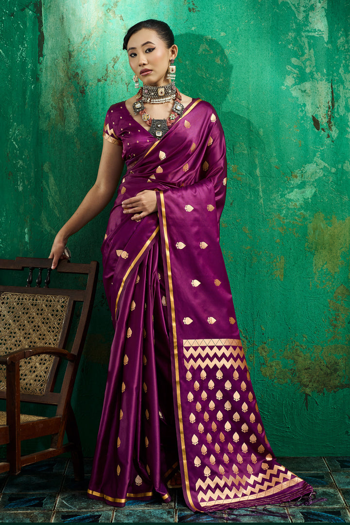 Purple Handloom Weaving Function Wear Satin Saree