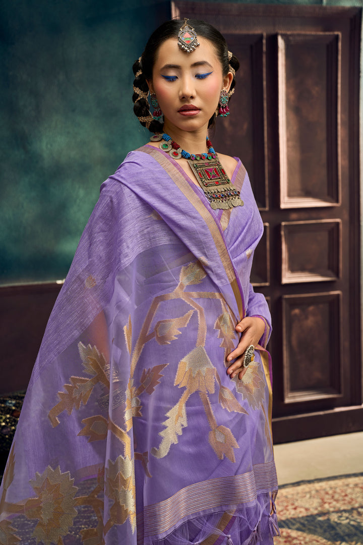 Lavender Color Gorgeous Munga Silk Handloom Weaving Saree