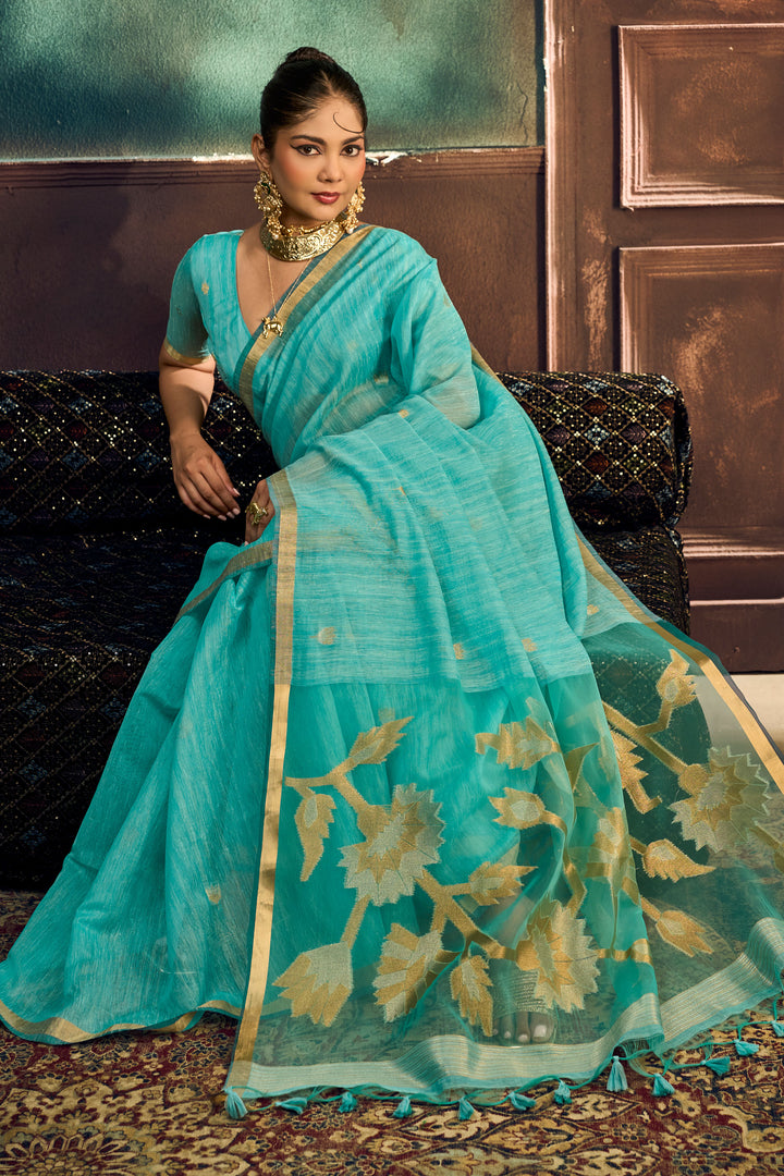 Cyan Color Munga Silk Handloom Weaving Saree