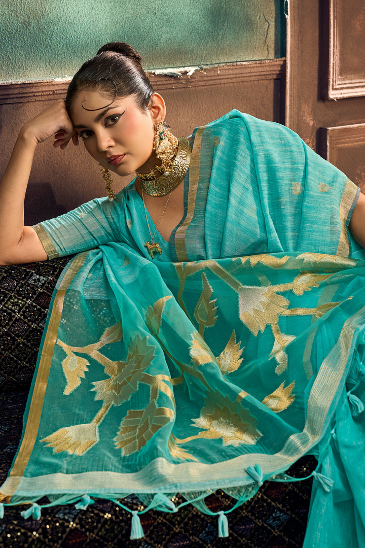 Cyan Color Munga Silk Handloom Weaving Saree