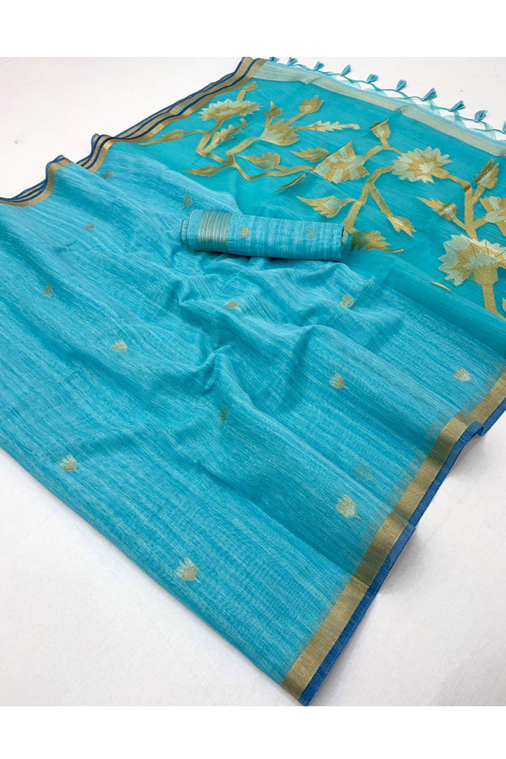 Cyan Color Munga Silk Handloom Weaving Saree