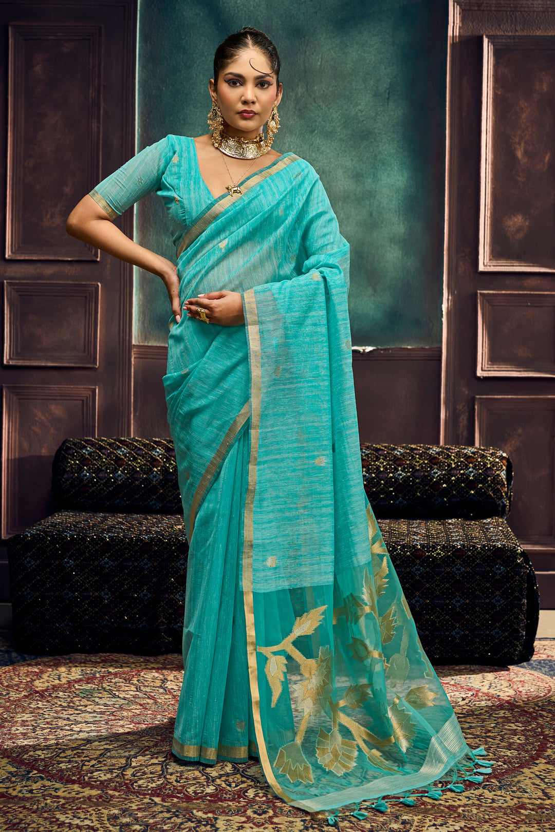 Cyan Color Munga Silk Handloom Weaving Saree