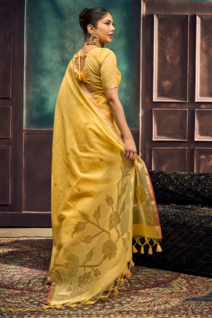 Yellow Color Munga Silk Handloom Weaving Saree