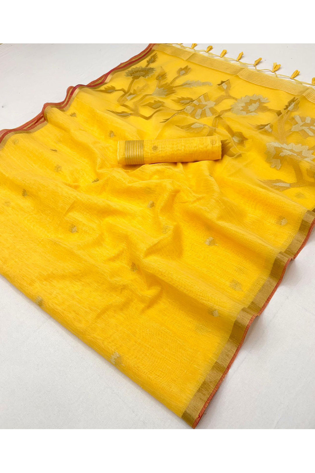 Yellow Color Munga Silk Handloom Weaving Saree