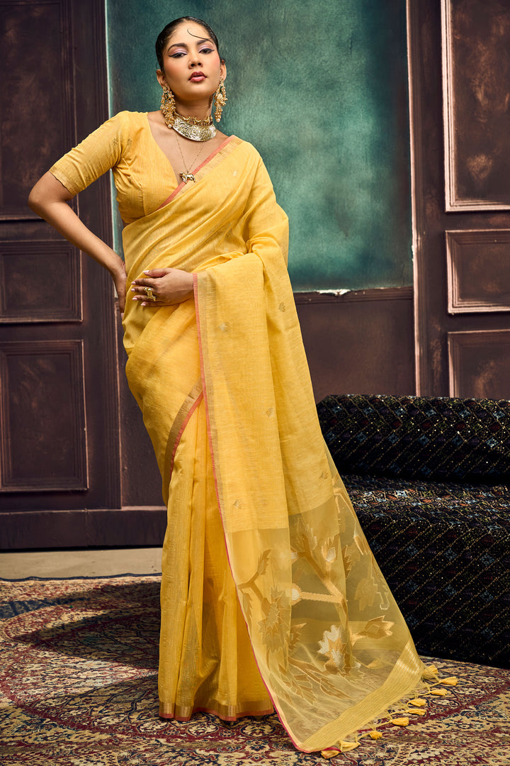 Yellow Color Munga Silk Handloom Weaving Saree