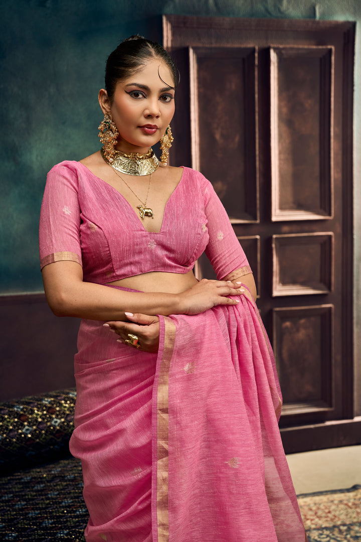 Munga Silk Handloom Weaving Saree In Pink Color