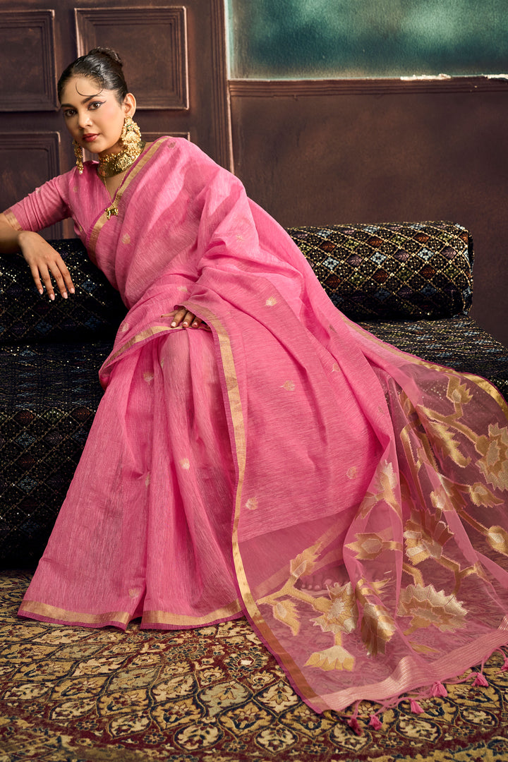 Munga Silk Handloom Weaving Saree In Pink Color
