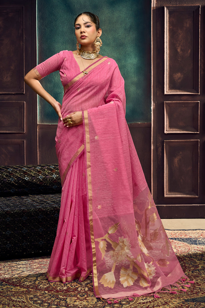 Munga Silk Handloom Weaving Saree In Pink Color