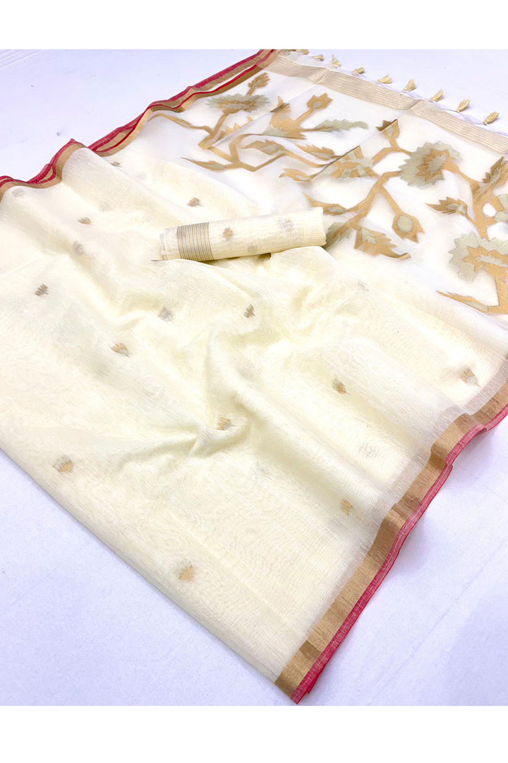 Cream Color Glorious Munga Silk Handloom Weaving Saree