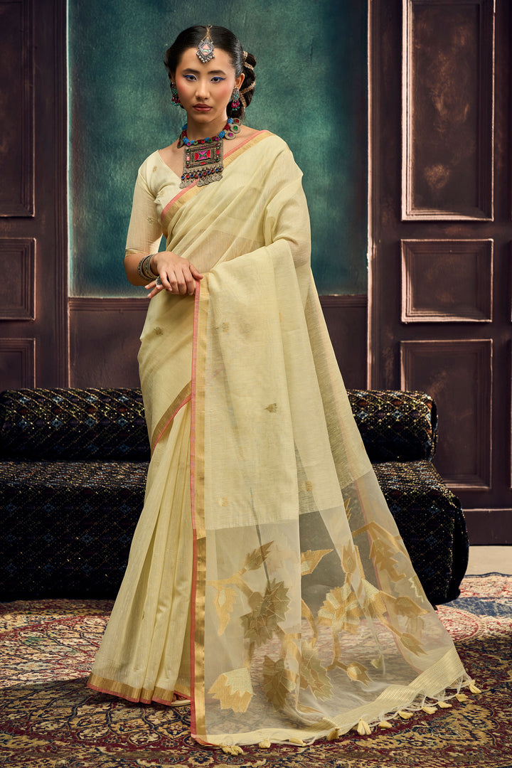 Cream Color Glorious Munga Silk Handloom Weaving Saree