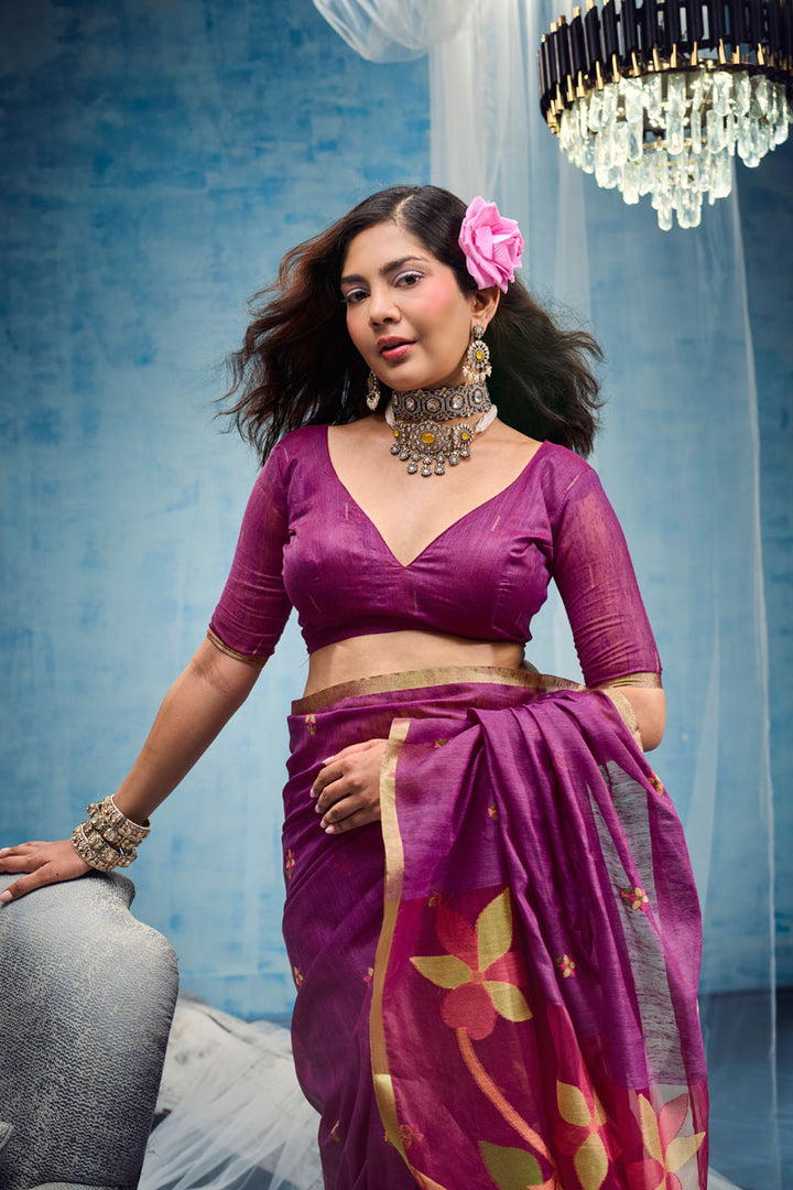 Purple Color Handloom Weaving Cotton Saree For Festive