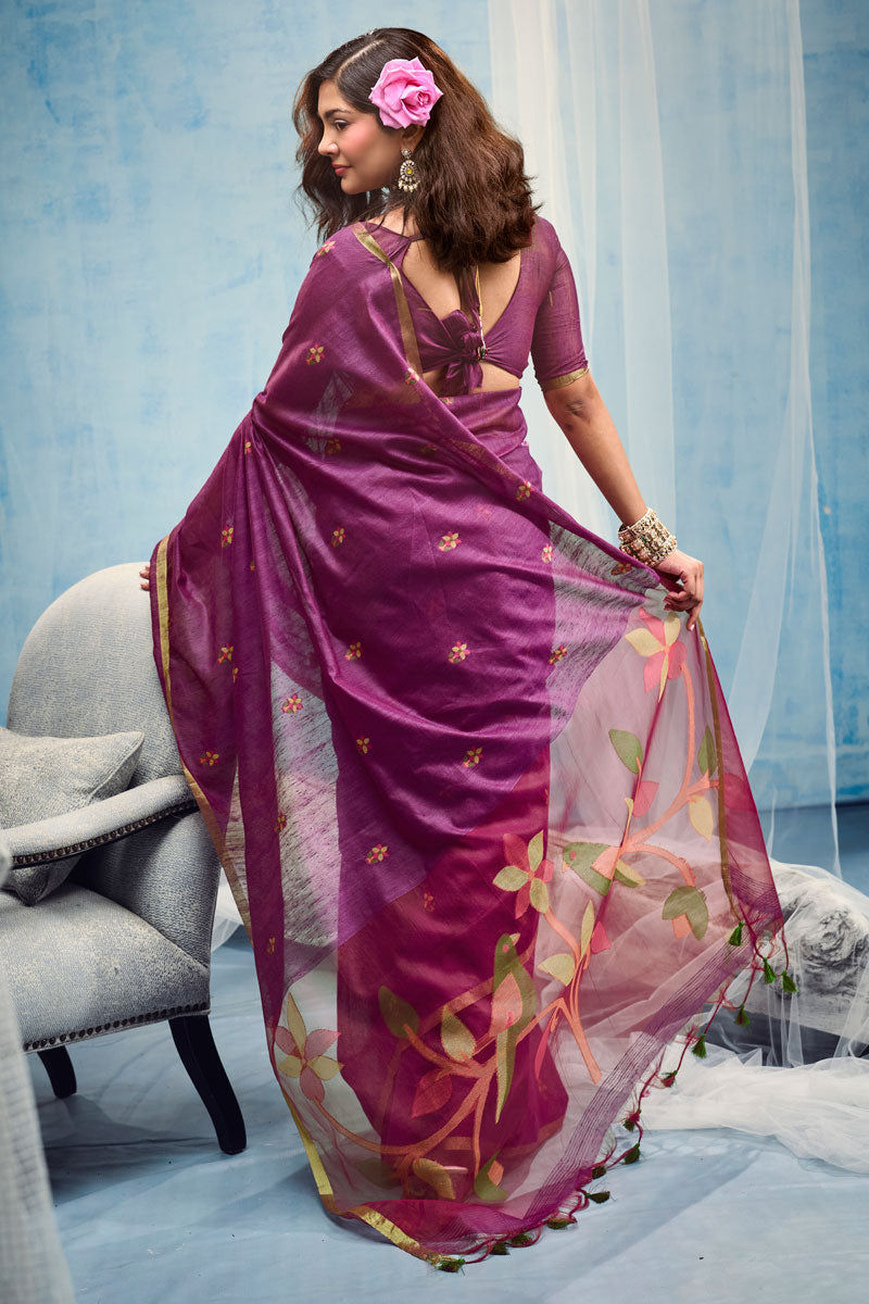 Purple Color Handloom Weaving Cotton Saree For Festive