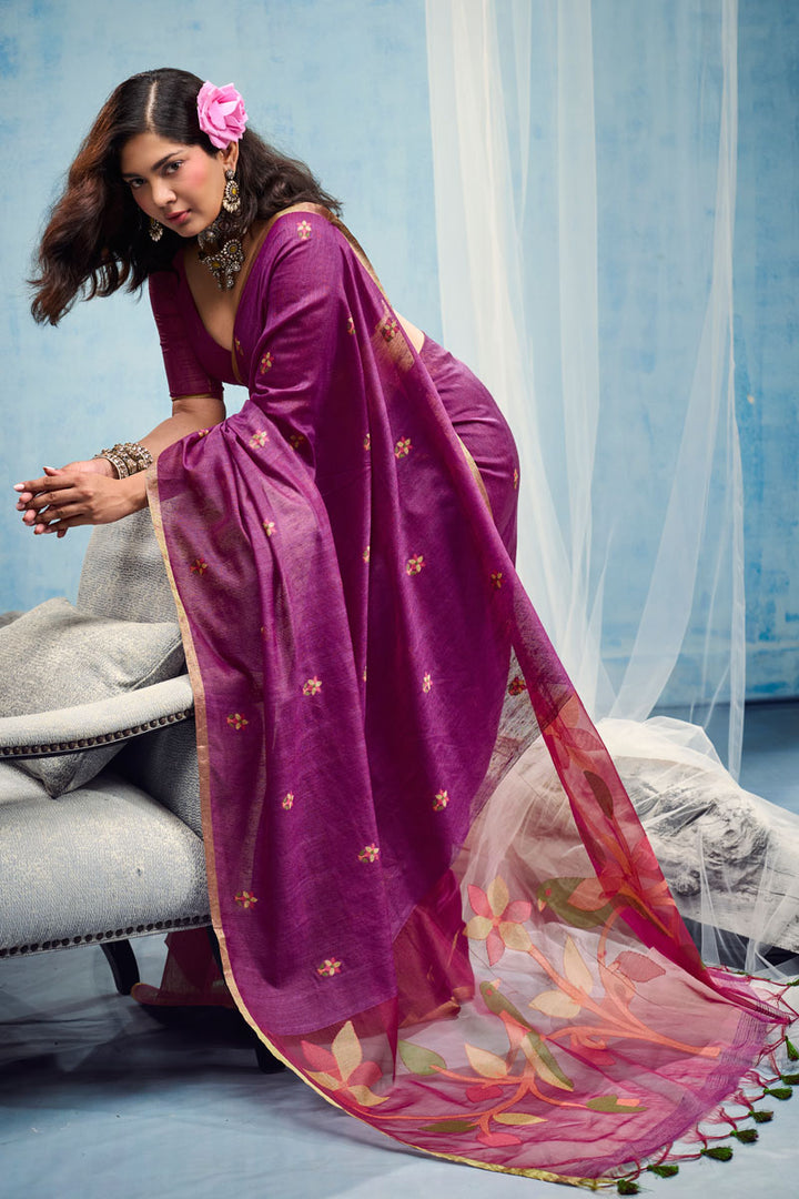 Purple Color Handloom Weaving Cotton Saree For Festive