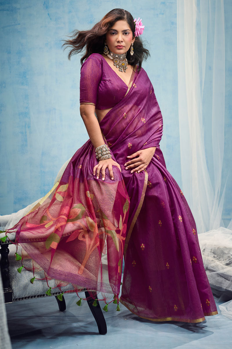 Purple Color Handloom Weaving Cotton Saree For Festive