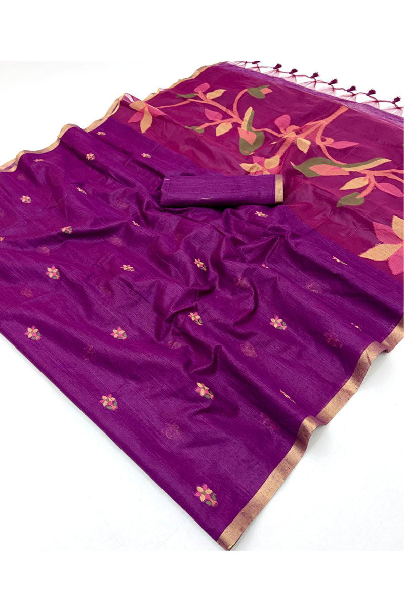 Purple Color Handloom Weaving Cotton Saree For Festive