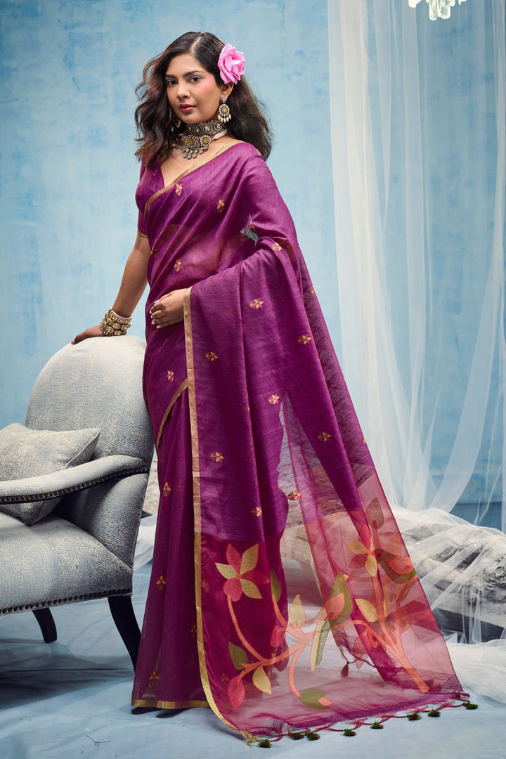 Purple Color Handloom Weaving Cotton Saree For Festive