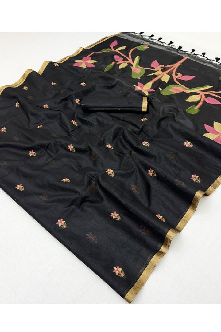 Handloom Weaving Attractive Cotton Saree In Black Color