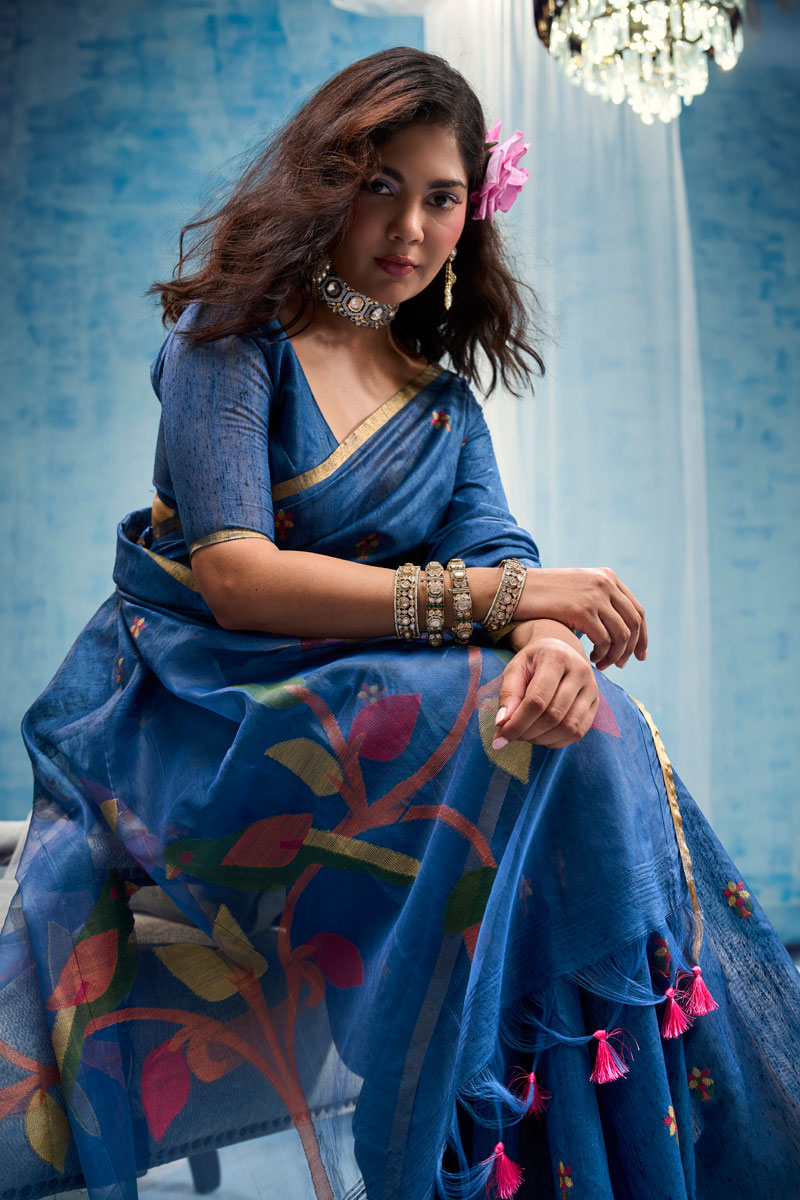 Festive Style Blue Handloom Weaving Cotton Saree