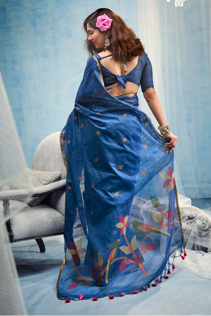 Festive Style Blue Handloom Weaving Cotton Saree