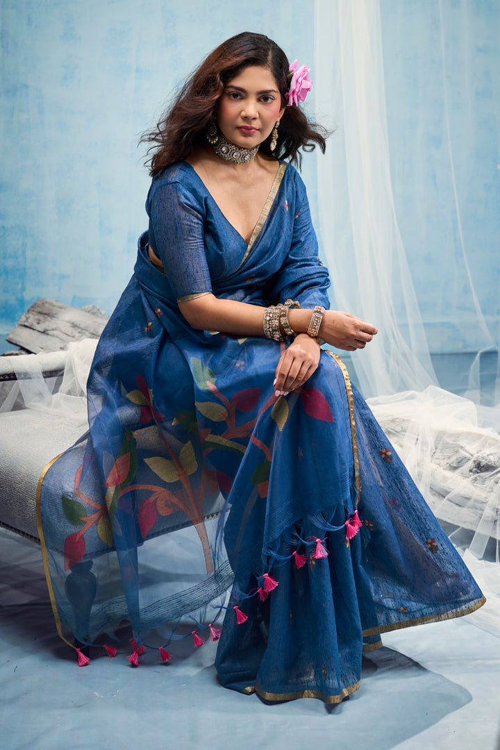 Festive Style Blue Handloom Weaving Cotton Saree