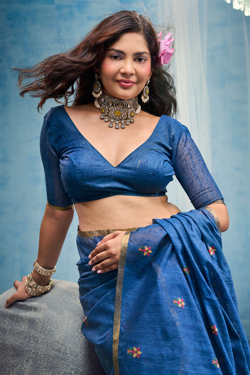 Festive Style Blue Handloom Weaving Cotton Saree