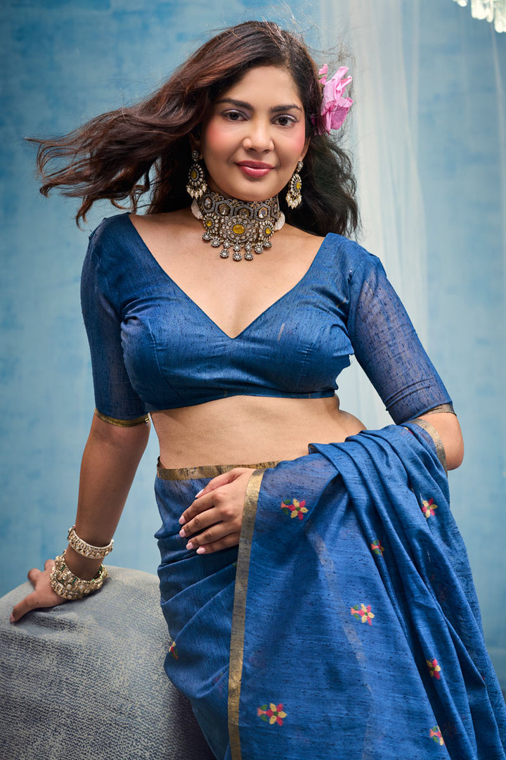 Festive Style Blue Handloom Weaving Cotton Saree