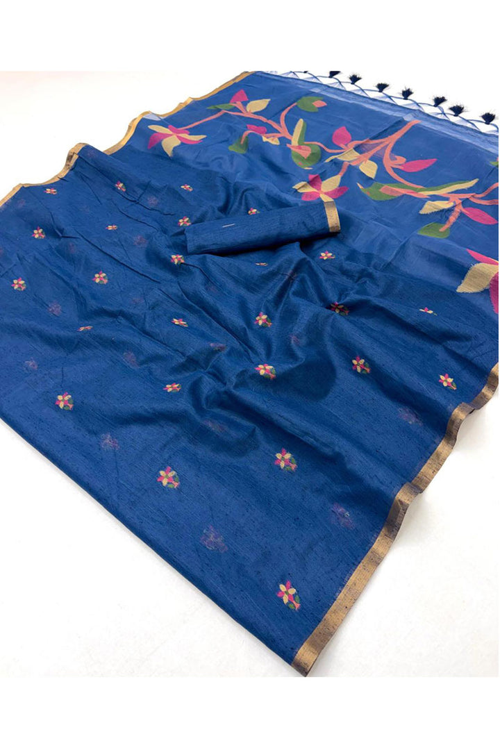 Festive Style Blue Handloom Weaving Cotton Saree