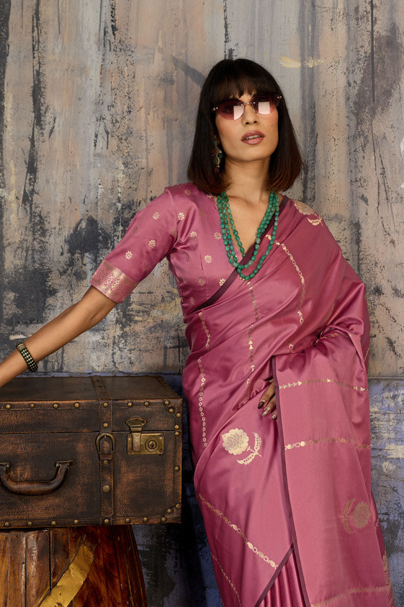 Pink Glorious Handloom Weaving Satin Saree