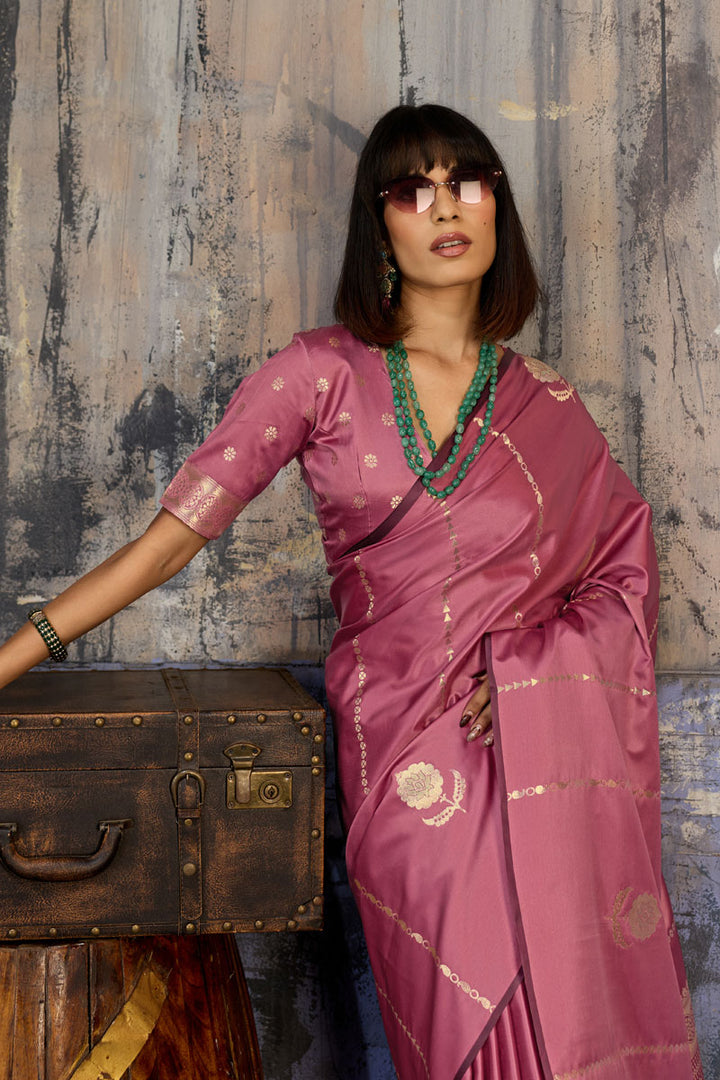 Pink Glorious Handloom Weaving Satin Saree