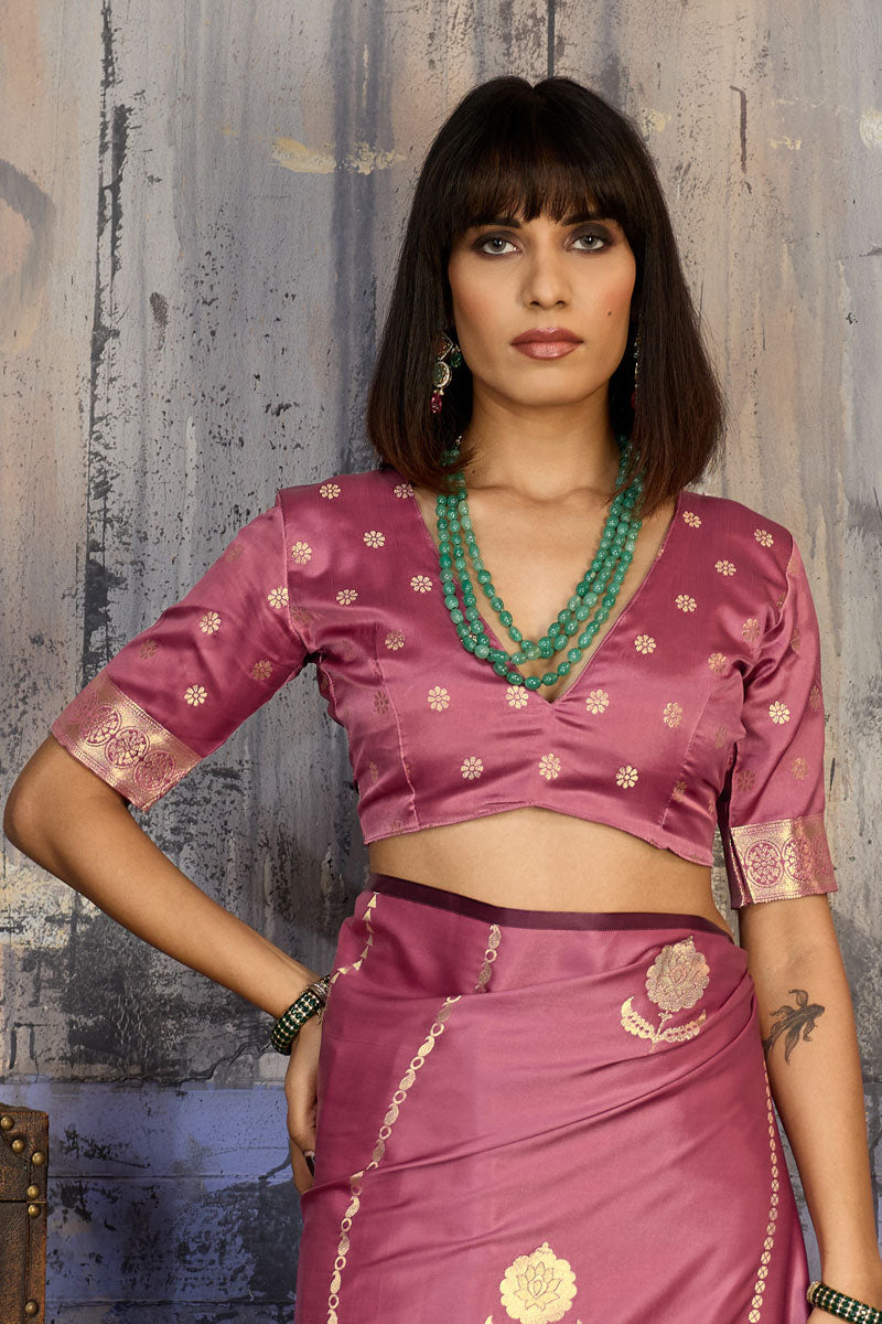 Pink Glorious Handloom Weaving Satin Saree