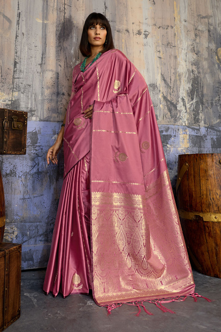 Pink Glorious Handloom Weaving Satin Saree